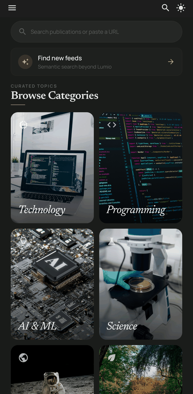 Lumio discover screen: search publications or paste a URL, and browse categories