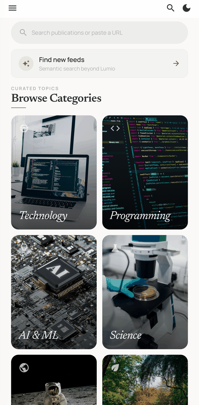 Lumio discover screen: search publications or paste a URL, and browse categories