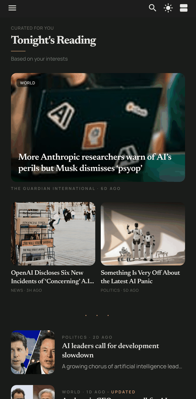 Lumio For You screen: tonight's reading picked from your interests