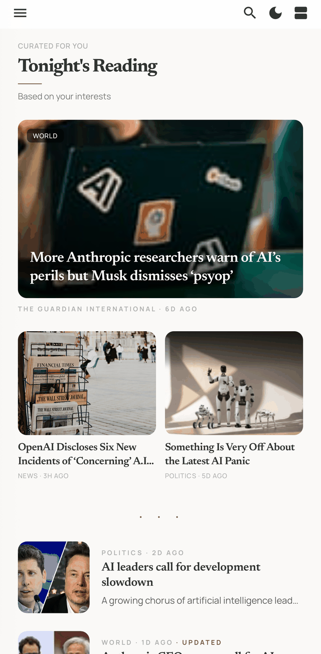 Lumio For You screen: tonight's reading picked from your interests