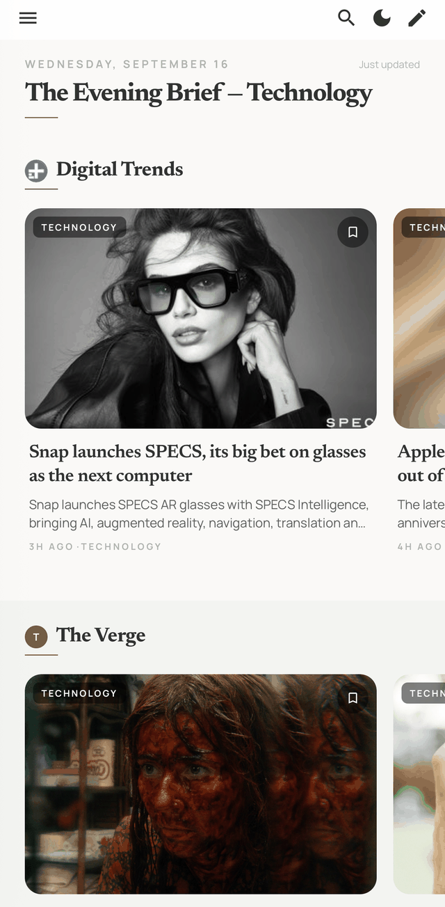 Lumio home feed: the evening brief with a lane per source