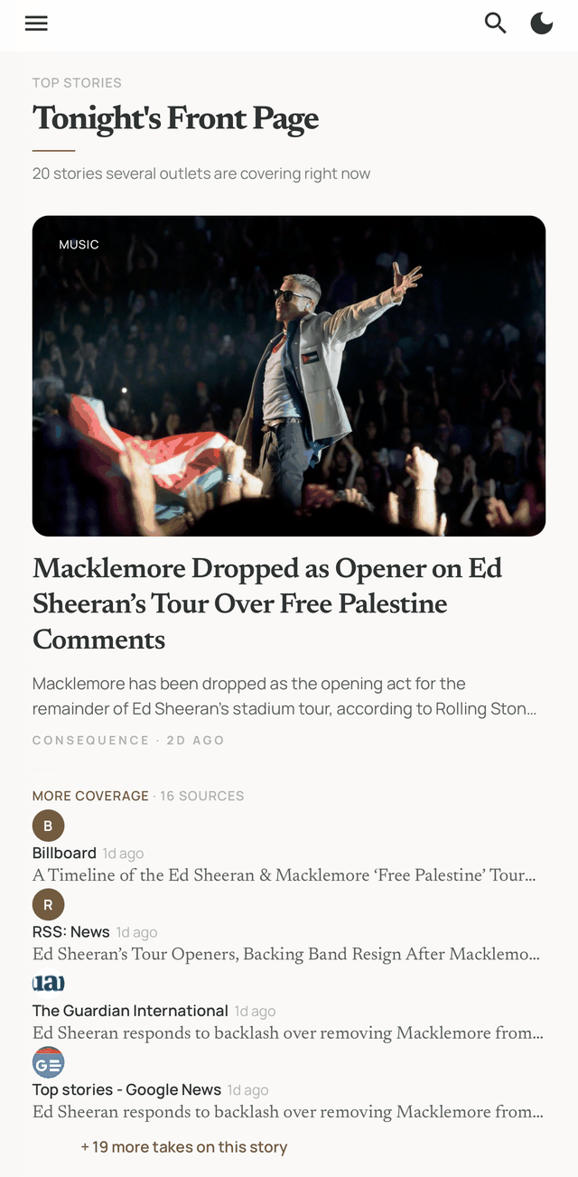 Lumio Top Stories: one story with coverage from many sources